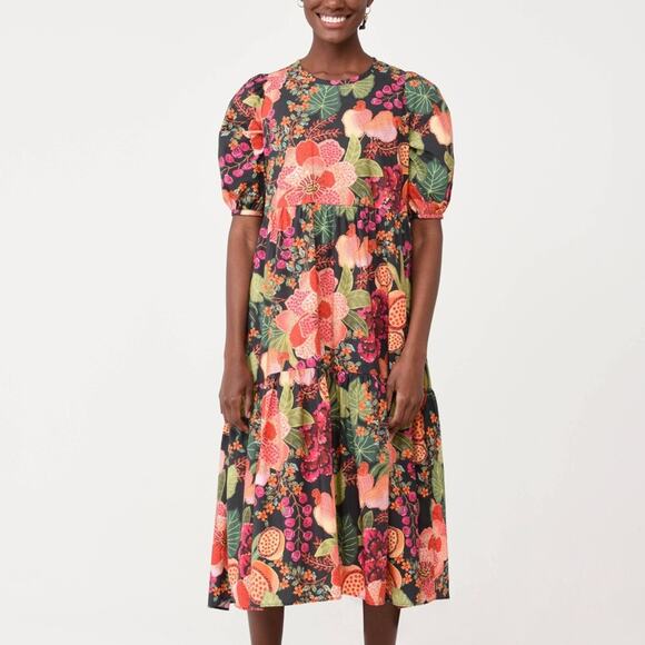 FARM Rio Black Fruit Floral Midi Dress in Multi S - Picture 1 of 8